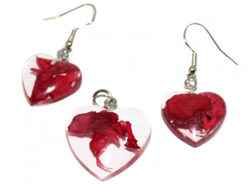 Sada šperků ve tvaru srdce - červené květy, náušnice, přívěsek